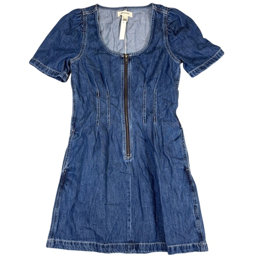 NWT Madewell Denim Zip Front Mini Dress Puff Sleeve Blue DM7958 Size 0 NWT